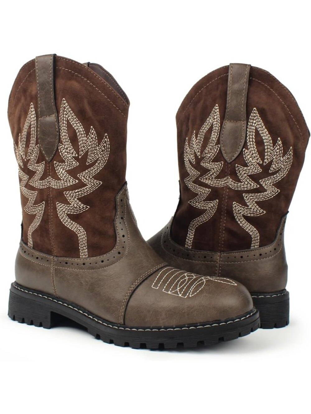 Women's Coffee Mid Calf Western Cowboy Cowgirl Boot Round Toe Embroidered Boots